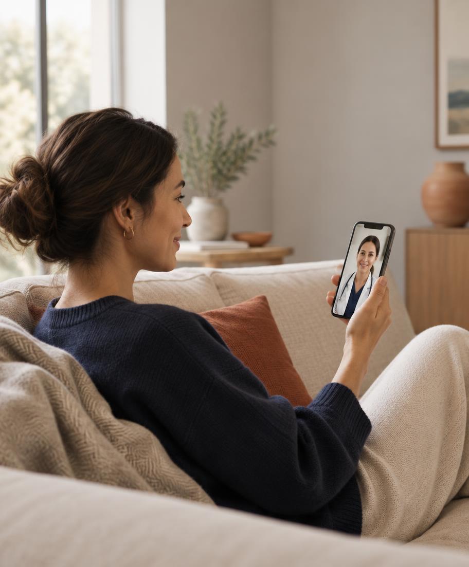 A member having a video consultation with a doctor on a phone at home